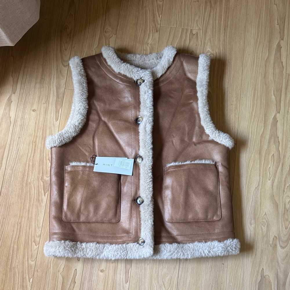 Mint Brown Faux Leather Shearling-Trim Vest Reversible